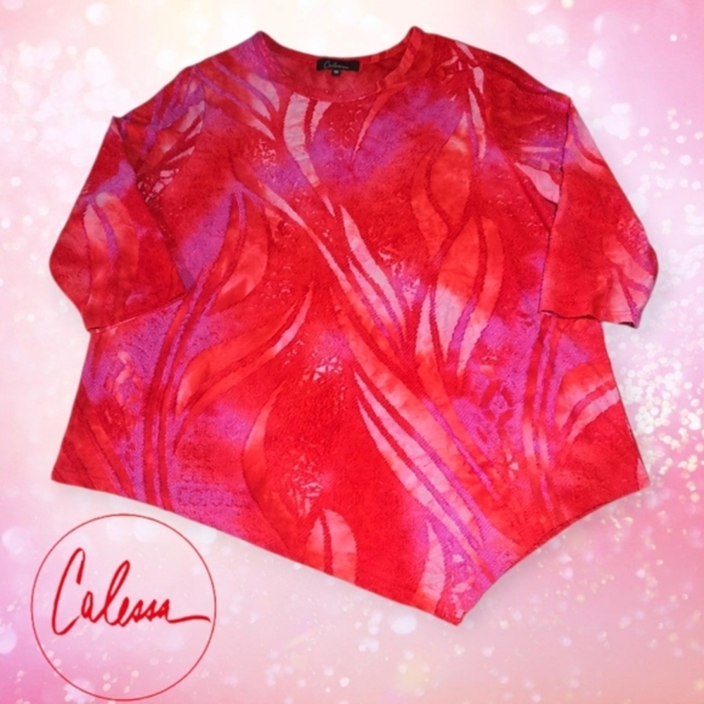 Calessa Asymmetrical Textured‎ Burnout Tunic Top Red & Pink 1X